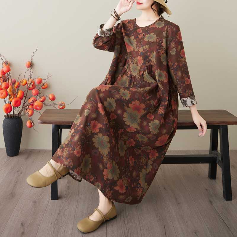 Весенне-летнее платье нового стиля в стиле ретро из хлопка и конопли с круглым вырезом, карманом и длинным рукавом, женское свободное тонкое платье А-силуэта