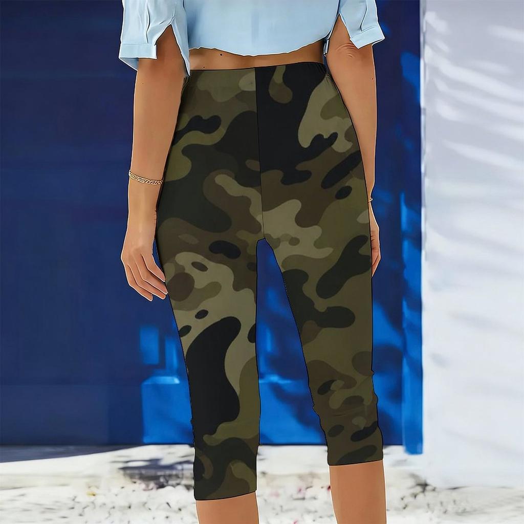 Women Plus Size Grey Black White Camouflage Printed Fitted Capri Leggings