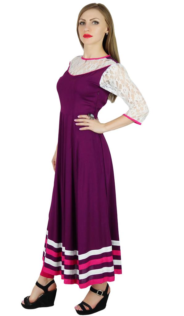 Bimba Women Anarkali Kurta Kurti Purple Sheer Lace Sleeve Indian Ethnic