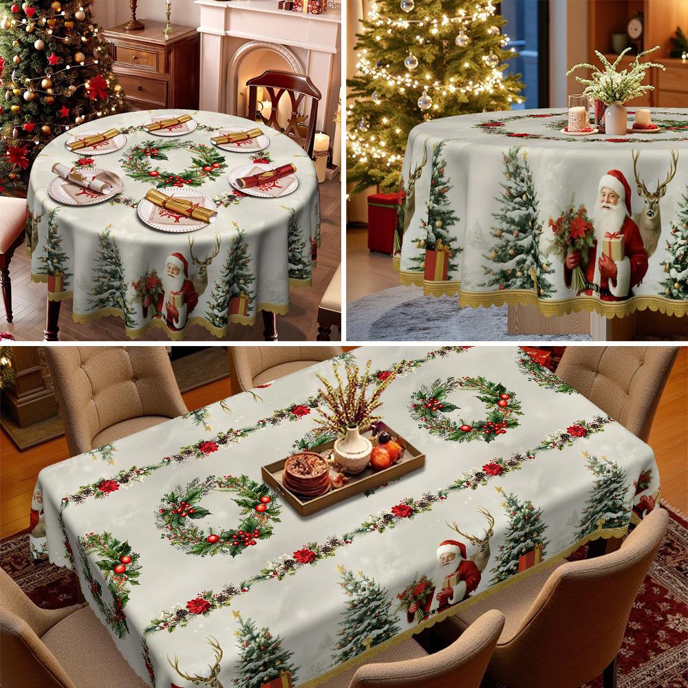 Christmas Table Decoration Tablecloth Santa Elk Snow Print, Waterproof, Dining Table Coffee Table Cover