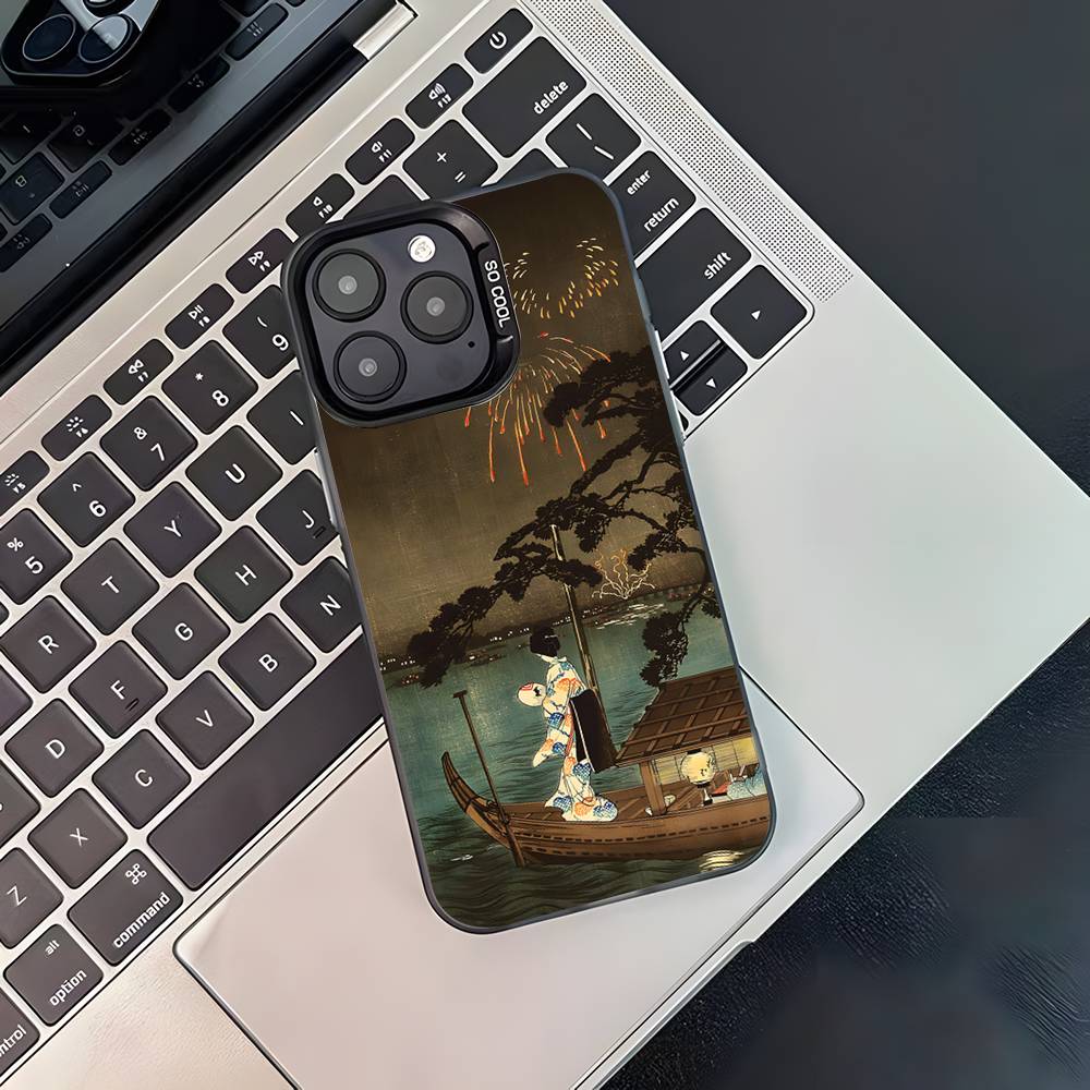 Чехол для телефона в японском стиле Укиё-э для iPhone 17,16,15,14,13,12,11,Pro,XS,Max,Plus,Mini,SE4,E Черный Матовый Ударопрочный Чехол