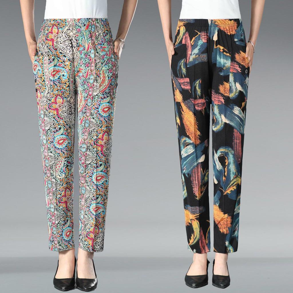 Летние брюки с цветочным принтом для женщин среднего и пожилого возраста. Эластичные брюки с высокой талией и цветочным принтом больших размеров для женщин среднего возраста.