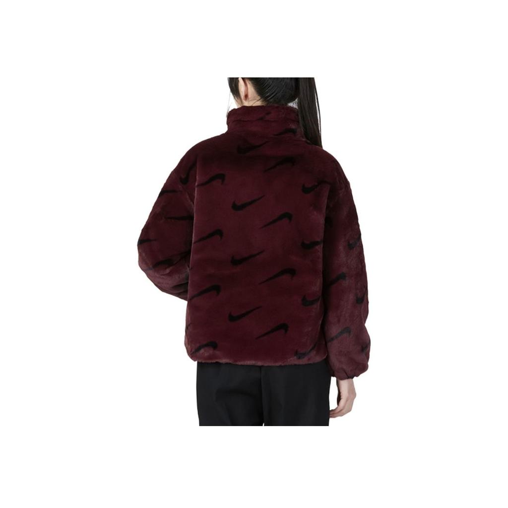 Nike Womens Printed Faux Fur Jacket (Asia Sizing) Burgundy Crush Women Streetwear DQ6843-652