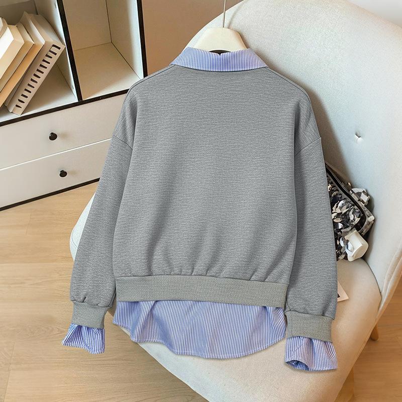 2025 Новый Осенний Повседневный Пуловер в Колледжском Стиле с Лацканом в Полоску, Серый Свитшот из Двух Частей