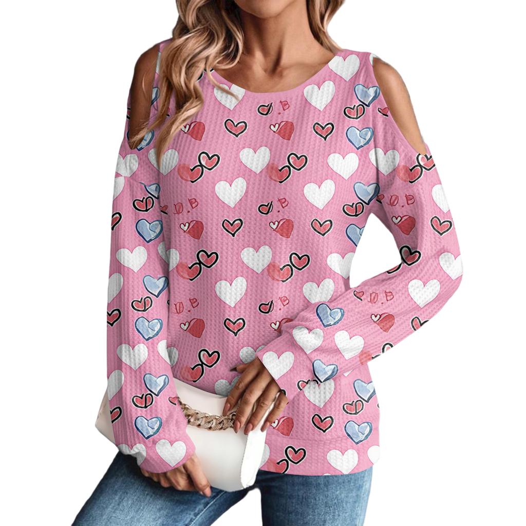 Women's Winter Oversized T-Shirt Fashionable Off-the-Shoulder Round Neck Vintage Floral Print Pullover Long-Sleeved Top