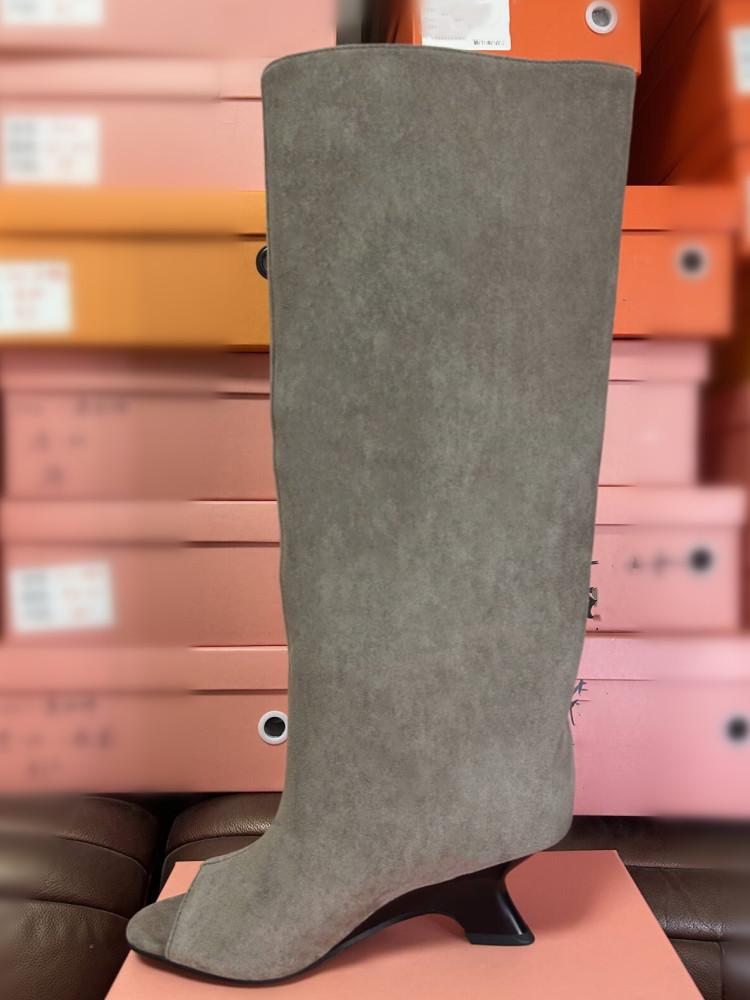 Женские туфли с открытым носком на толстом высоком каблуке, ботфорты до колена, крутые ботинки на скошенном каблуке, модный показ, большой размер, весенне-летние женские ботинки