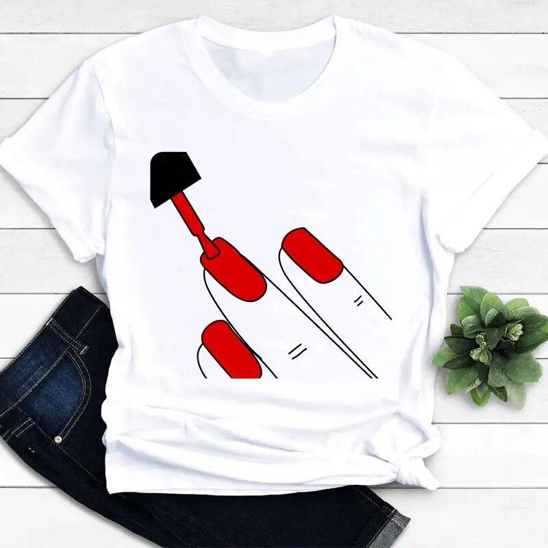 Women T-shirts Nail Art Lovely Spring Short Sleeve Ladies Fashion Casual Clothing Cartoon Clothes Female Tee Graphic Tshirt
