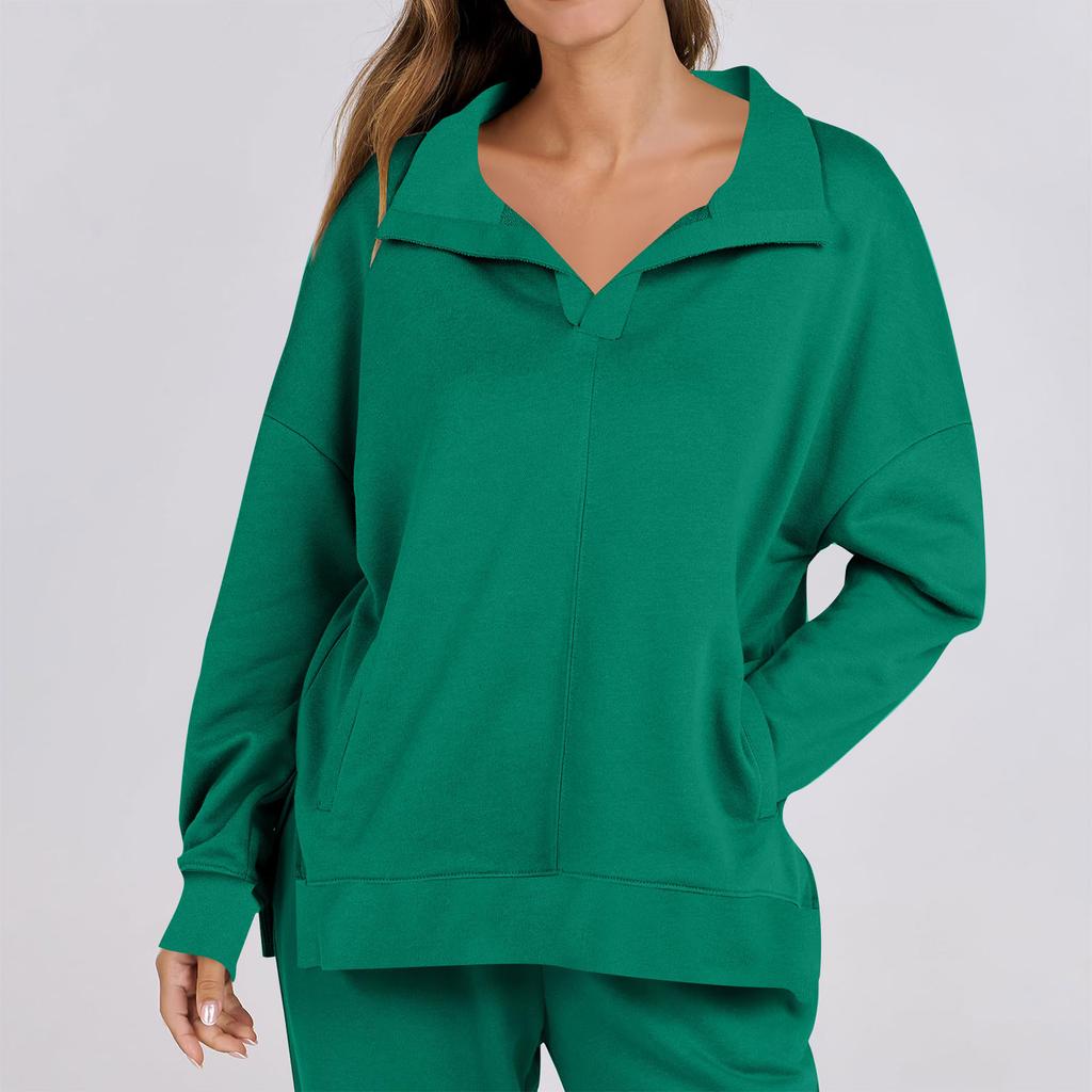 Женская мода повседневная однотонная толстовка с V-образным вырезом и карманом, с длинным рукавом