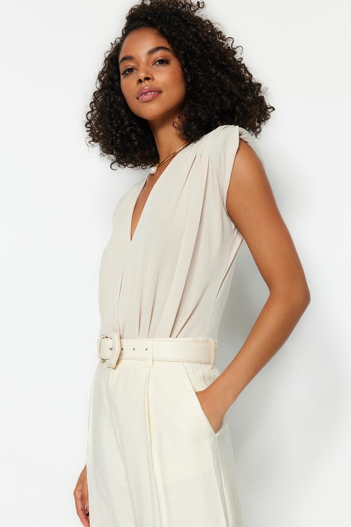 Women's Fashion New Bodysuit Emerald Padded Double Breasted Collar Flexible Snap Fastener Knitted Bodysuit