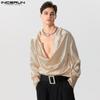Swinging Collar Men Hollow Out Long Sleeves Satin Tops
