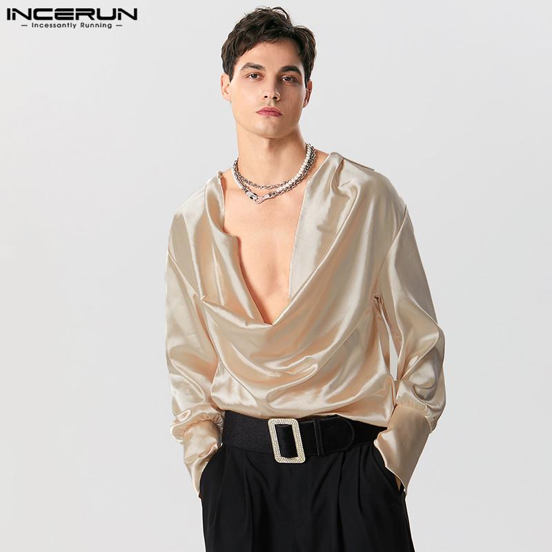 INCERUN Swinging Collar Men Hollow Out Long Sleeves Satin Tops