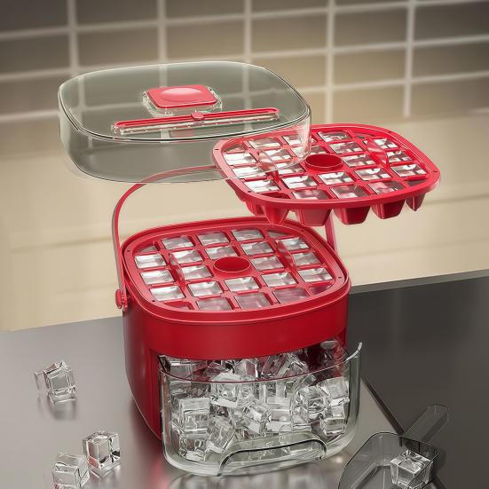 2-in-1 Press-Release Ice Cube Tray with Storage Bin 48-Cavity Double-Layer Ice Maker for Freezer BPA-Free Ice Storage Container for Home Camping Party