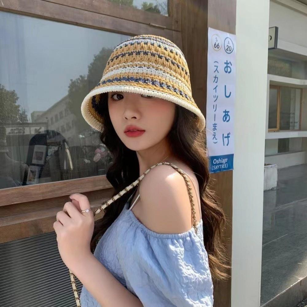 Colorful Knitted Bucket Hat Stripe Sun Protection Cap Visor Cap Fisherman Hat Summer