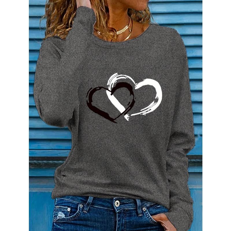 Two heart-shaped printed round neck women's long sleeved T-shirts