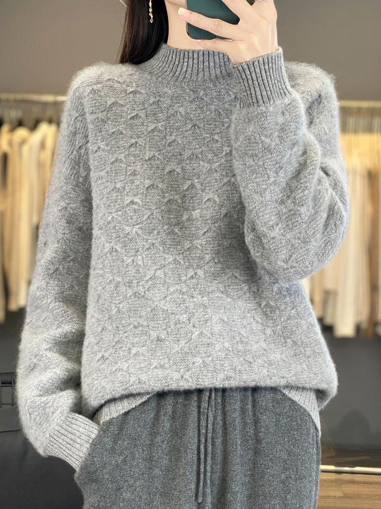 Women's Thickened Wool Half-High Collar Cable Knit Sweater - Loose, Versatile Long Sleeve Cashmere Knitwear