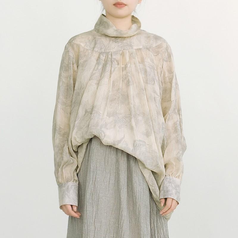 Johnature Women Vintage T-Shirts Spring Print Floral High Quality Tees Long Sleeve Turtleneck Fold Women T-Shirts