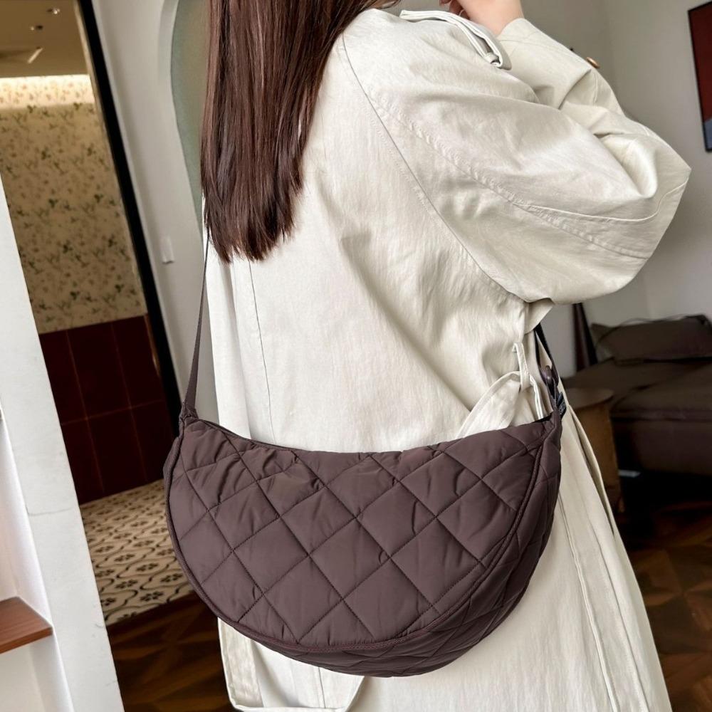 Quilted Half Moon Bag Padded Nylon Shoulder Bag Fashion Plaid Crossbody Bag Female