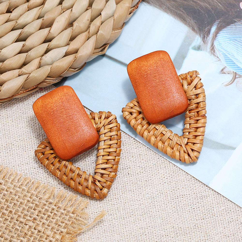 Vintage Women Girl Rattan Knit Vine Beach Jewelry Straw Weave Earrings Bamboo Wooden Drop Earrings