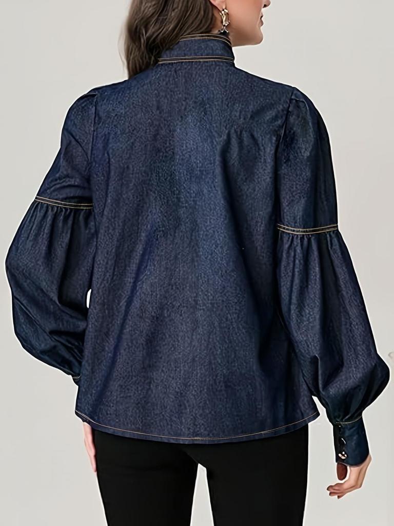 Модная женская джинсовая рубашка в европейском стиле 2025 года с завязкой-бабочкой