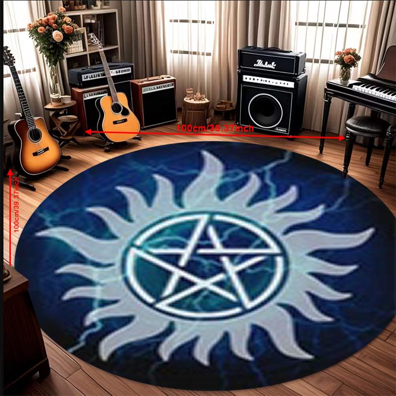 Pentagram Sun Lightning Fantasy Round Rug Blue Glow Flannel Carpet Witchy Decor For Game Room Meditation SpaceOccultThemed Floor