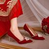 2025 New Wedding Shoes High Heels Women's Thin Heels Red Xiuhe Wedding Shoes Pointed Rhinestone Single Shoes Fashion Two Wear