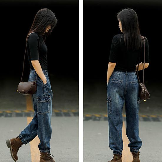 Spring and Autumn High Waist Work Clothes Jeans Women's Loose Pants Elastic Waist Straight Tube High Waist Slimming Pants