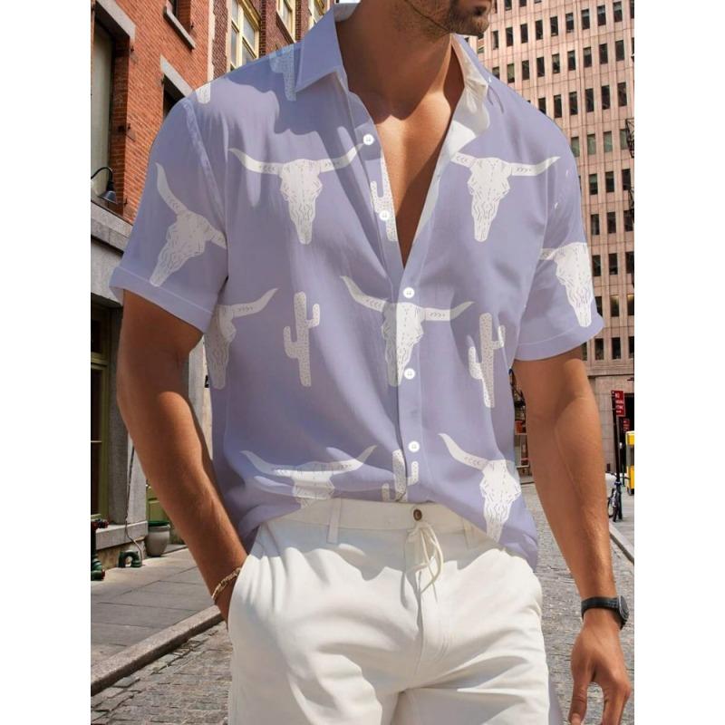 Мужская рубашка с короткими рукавами с принтом головы быка, летняя рубашка с короткими рукавами для улицы, городская повседневная модная мужская рубашка