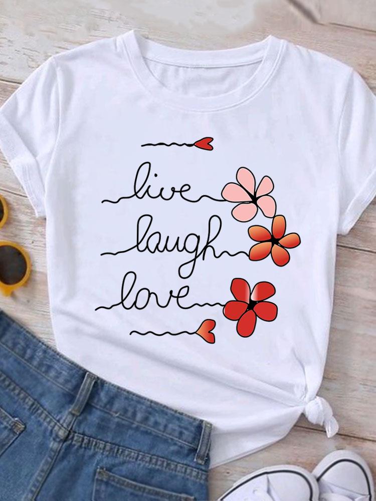 (Asian Size) Love Heart Flower Cute Casual O-neck Tee Clothing Top Short Sleeve T Shirt Fashion Print Lady Female Women Graphic T-shirts