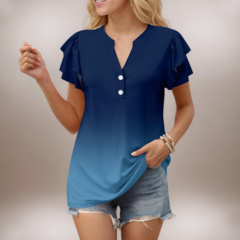 Женский повседневный топ с короткими рукавами и V-образным вырезом, с оборками и градиентом