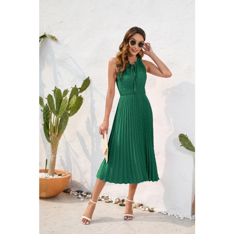 Tie High Waist Pressure Pleated Sleeveless Summer Casual Vacation Travel Dresses