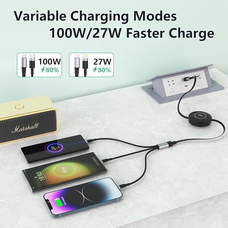 [100W 2025 New Edition] 3in2 Retractable Charging Cable 100W PD compatible/Charging 3 Devices Simultaneously 3 In 2 Charging Cord PD3.0/QC3.0 Super
