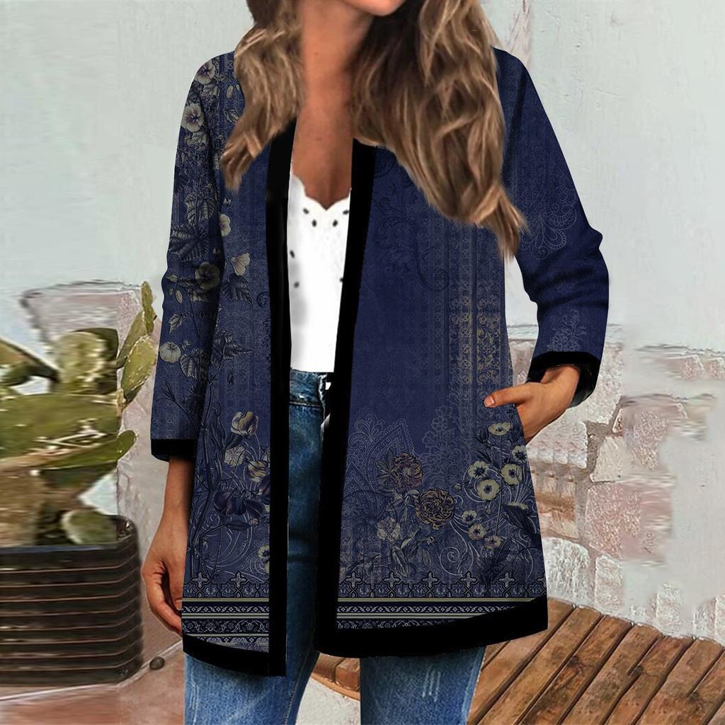 Women's Fall And Winter Fashion Casual Printed Long Sleeve Mid-Length Cardigan Jacket