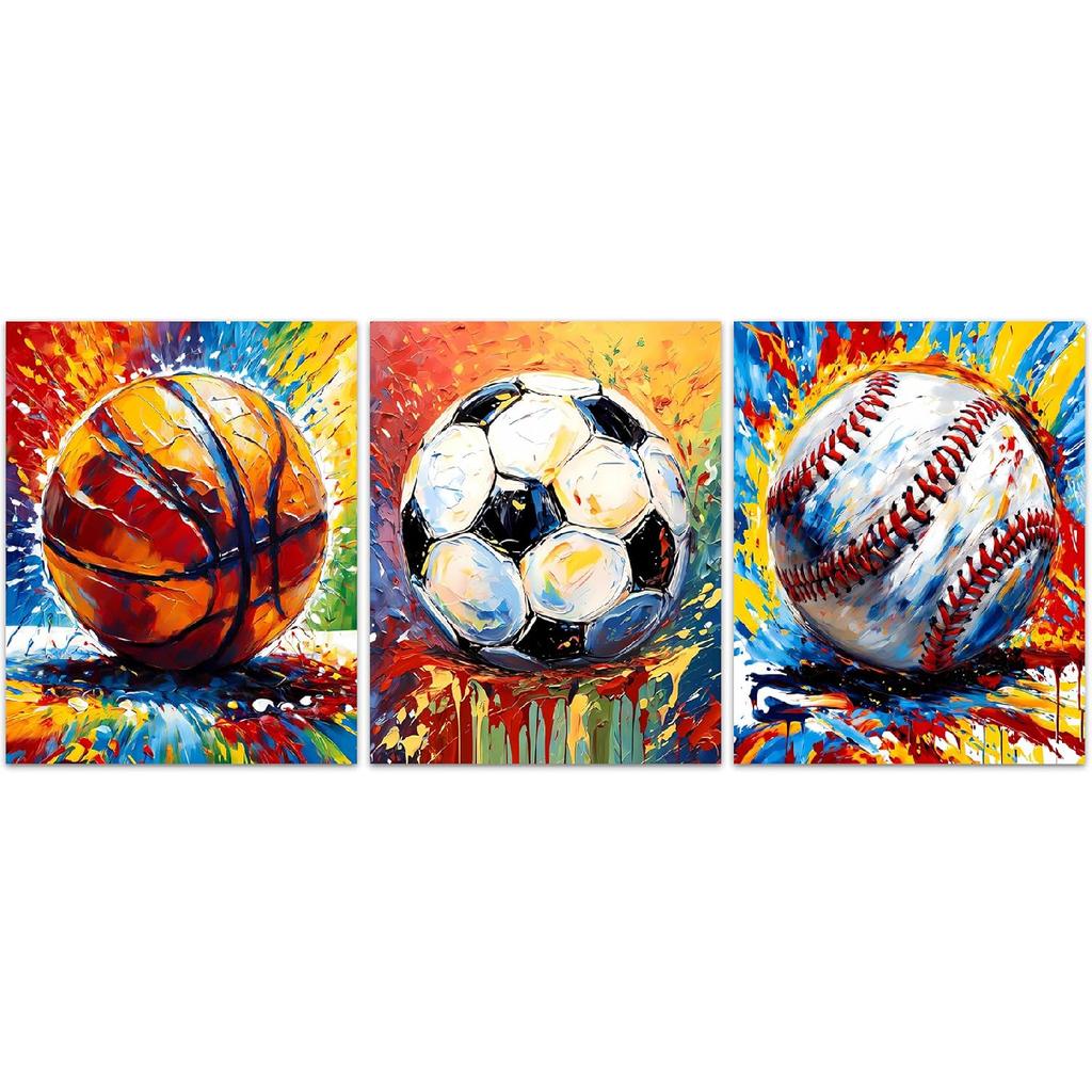 Basketball Graffiti Canvas Wall Art Prints,Graffiti Wall Art Sports Print Wall Decor Set of 3,Retro Colorful Baseball,Soccer,Basketball Print for Boy