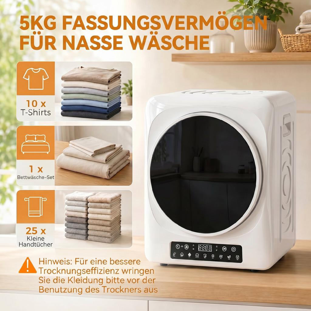 Компактная сушильная машина с вентиляцией 1000 Вт с режимами Extra-Dry и ECO, таймером и настройками температуры, белая