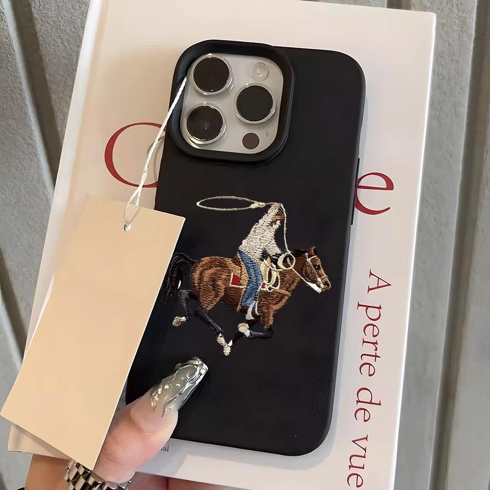 Винтажный чехол с вышивкой ковбоя и лошади для iPhone 17Air 16 15 14 13 12 11 Pro Max Plus Роскошный ретро-чехол из мягкой кожи, противоударный
