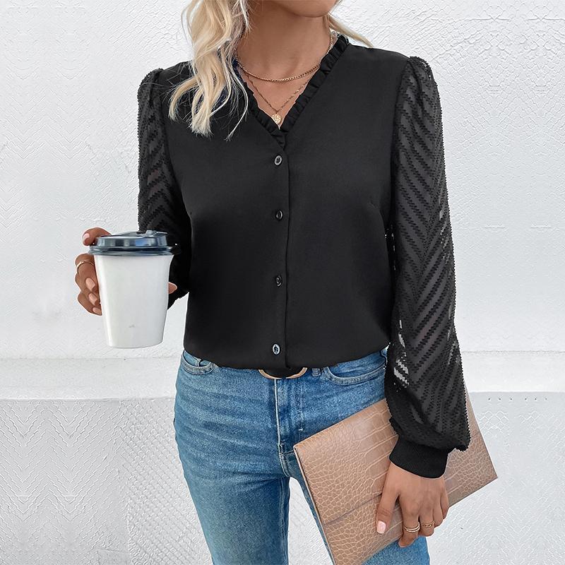 YYFS Women's Fashion Casual Spring Autumn Solid Color Print Long Sleeve V-Neck Blouses & Shirts