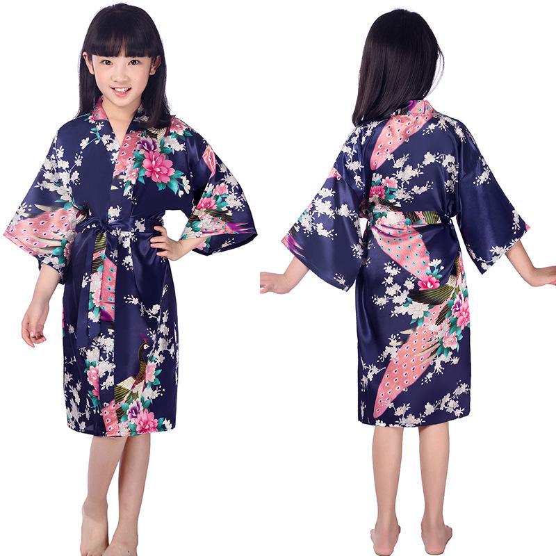 Летняя ночная рубашка для девочек с принтом павлина и пиона, шелковая на ощупь, халат