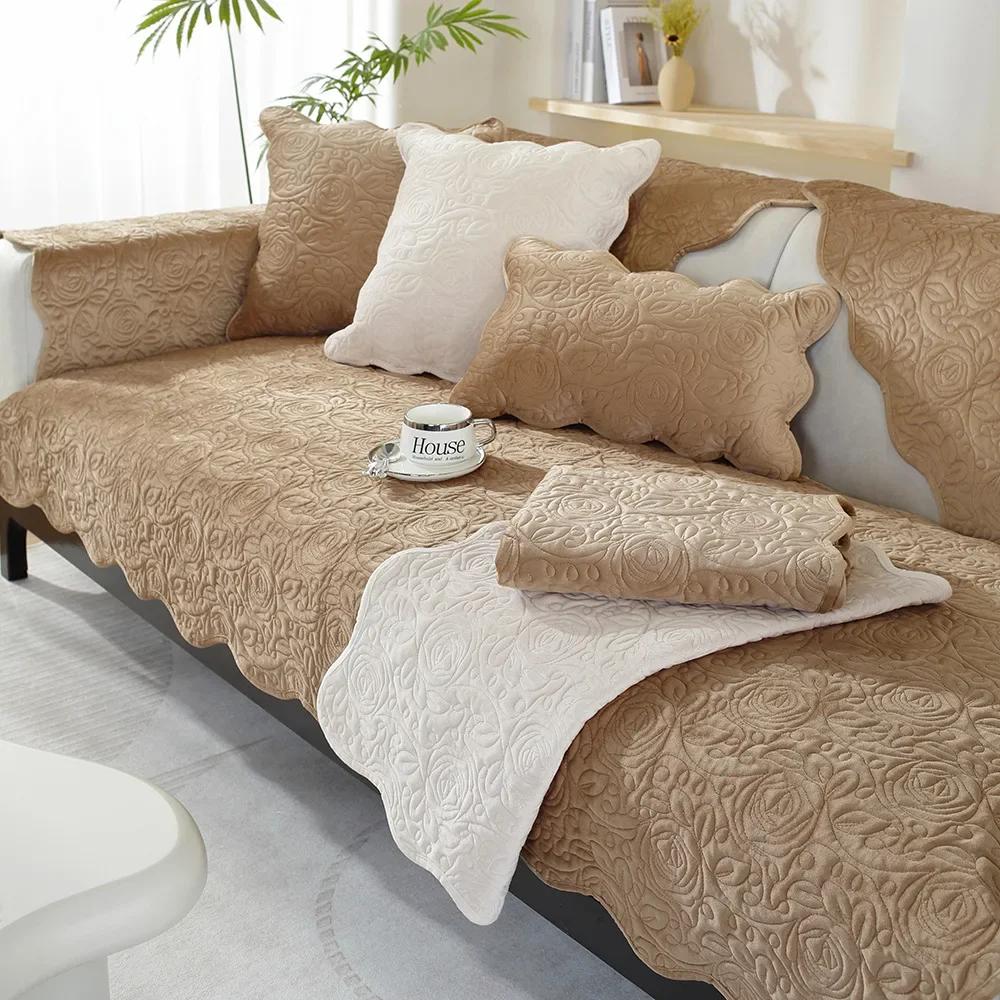 Dutch Velvet Embroider Sofa Cover Non-slip Corner Couch Slipcover Autumn Winter Universal Sofa Cushion Solid Color Sofa Cushion