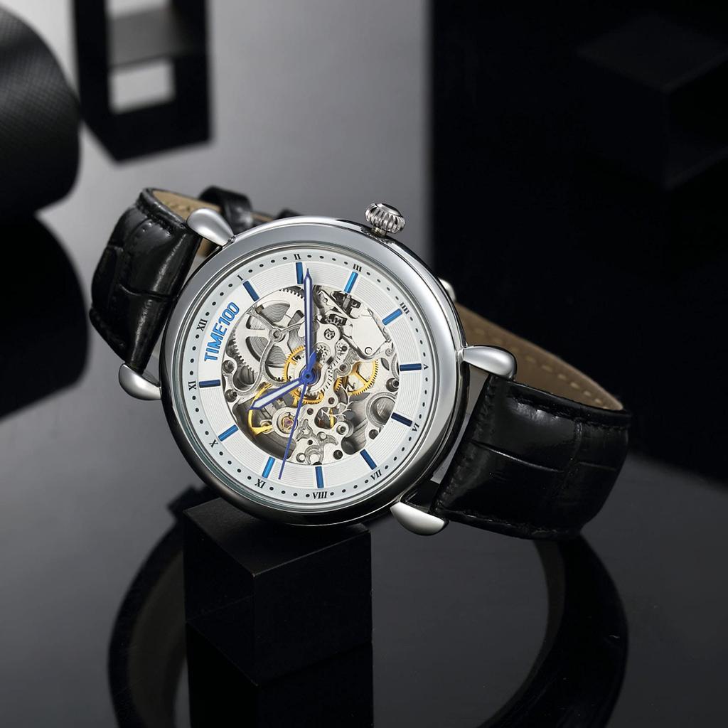 Time100 Популярная молодежная серия часов Механические часы с автоподзаводом Коллекция Time100 День Студенческая мода Черный кожаный ремень Водонепроницаемые взрослые офисные