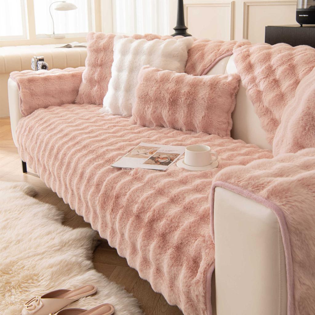 Плюшевая подушка для дивана с кошкой и кроликом, зимняя утолщенная, минималистичная, теплая, нескользящая крышка для дивана, плюшевый чехол, полотенце