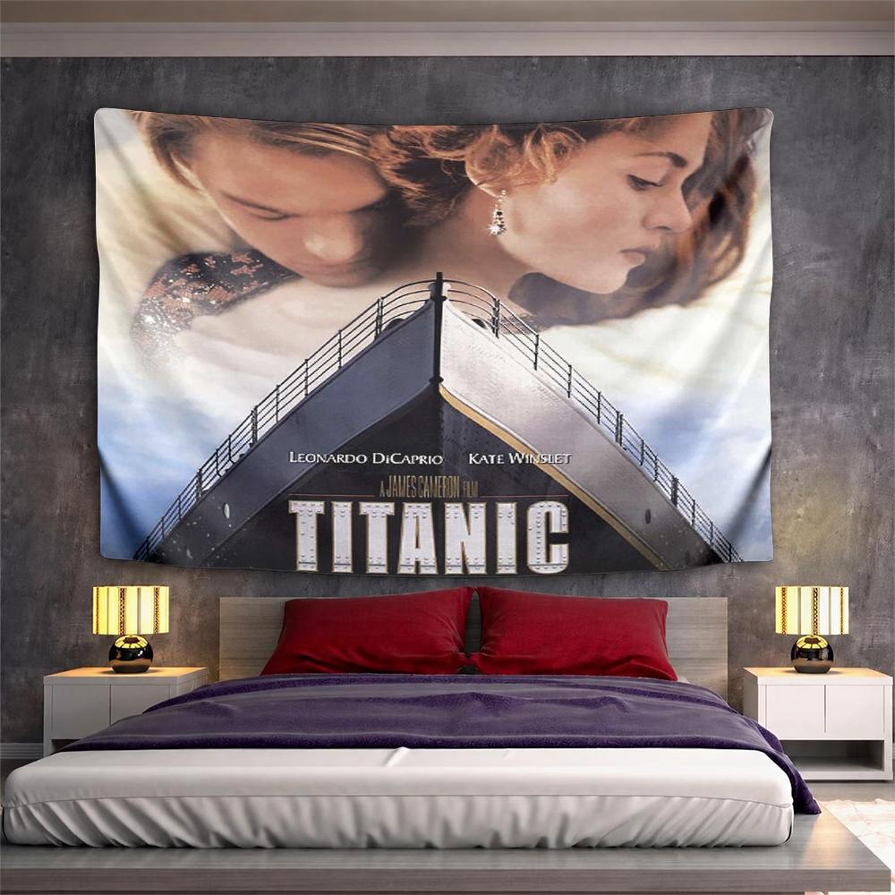 Horizontal Tapestry Titanic Poster Couple Ship Bow Clouds, Blue Beige, Wide Decor for Adult Fan Dorm Gift
