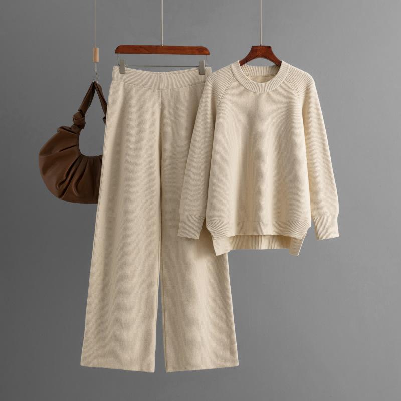 QICED Зимний теплый вязаный комплект для женщин, свободный свитер с длинным рукавом и круглым вырезом, модные брюки палаццо, комплект из двух предметов для женщин
