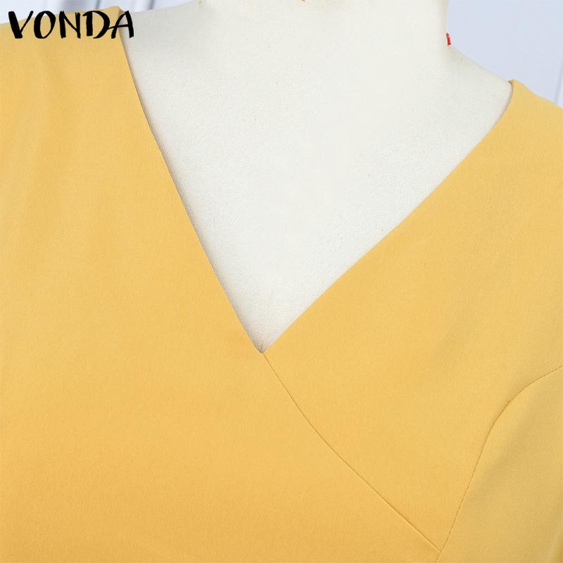 VONDA Женские элегантные платья с V-образным вырезом, плиссировкой и длинными рукавами, оборками по подолу