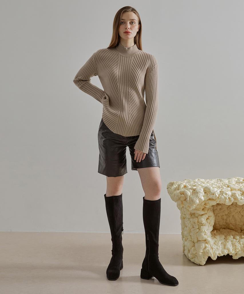 ETMON Slit Sleeve Side Strap Knit Top Beige