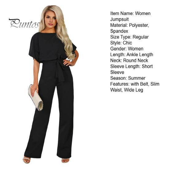 Женский комбинезон с поясом на шнуровке, широкие штанины, короткие рукава, однотонный цвет, О-образный вырез, высокая талия, повседневный деловой длинный комбинезон