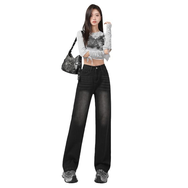 Black and gray American retro wide-leg jeans women's autumn new narrow high-waisted straight-leg slim floor pants