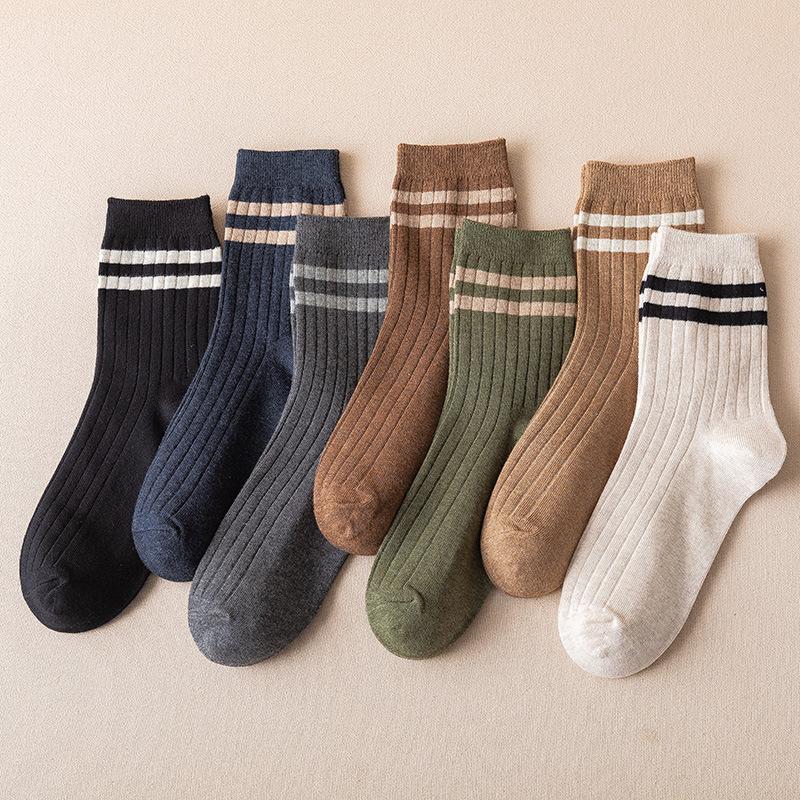 Men's Spring and Autumn Mid-length Socks, Classic Two-bar Sweat-absorbing and Breathable Sports Stockings, Versatile Cotton Socks