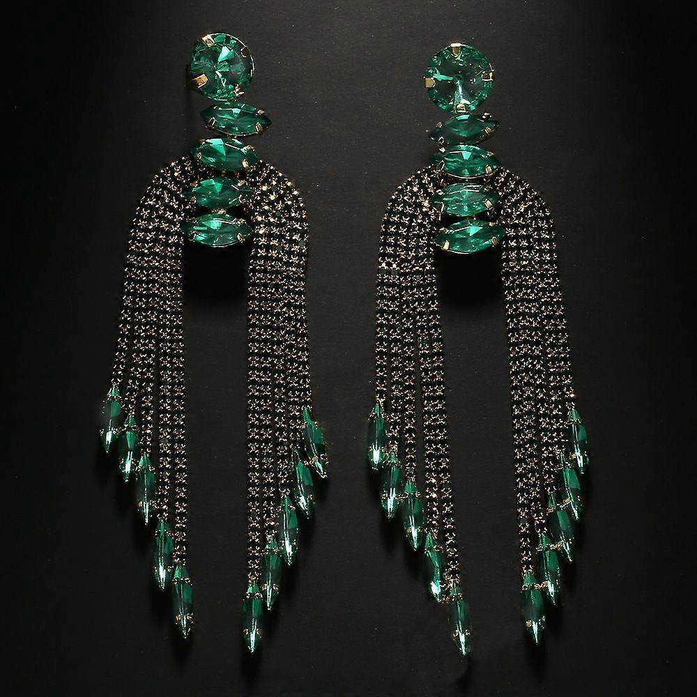 Green earrings high-end light luxury tassel earrings long ethnic style green gold