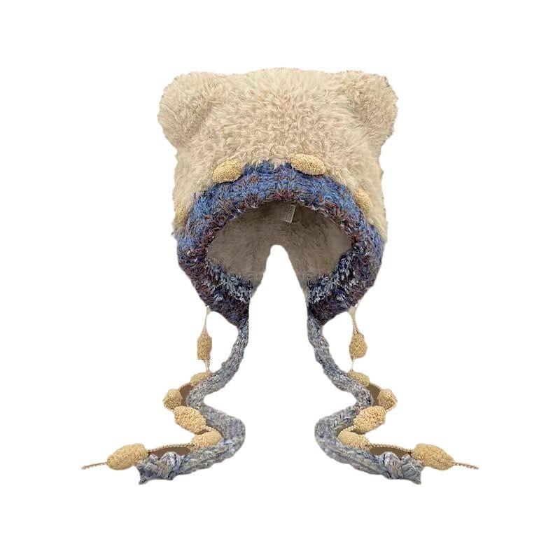 Осень и зима милая плюшевая вязаная шапка с медведем детская цветная шапка с защитой ушей на завязках показывает маленькое лицо