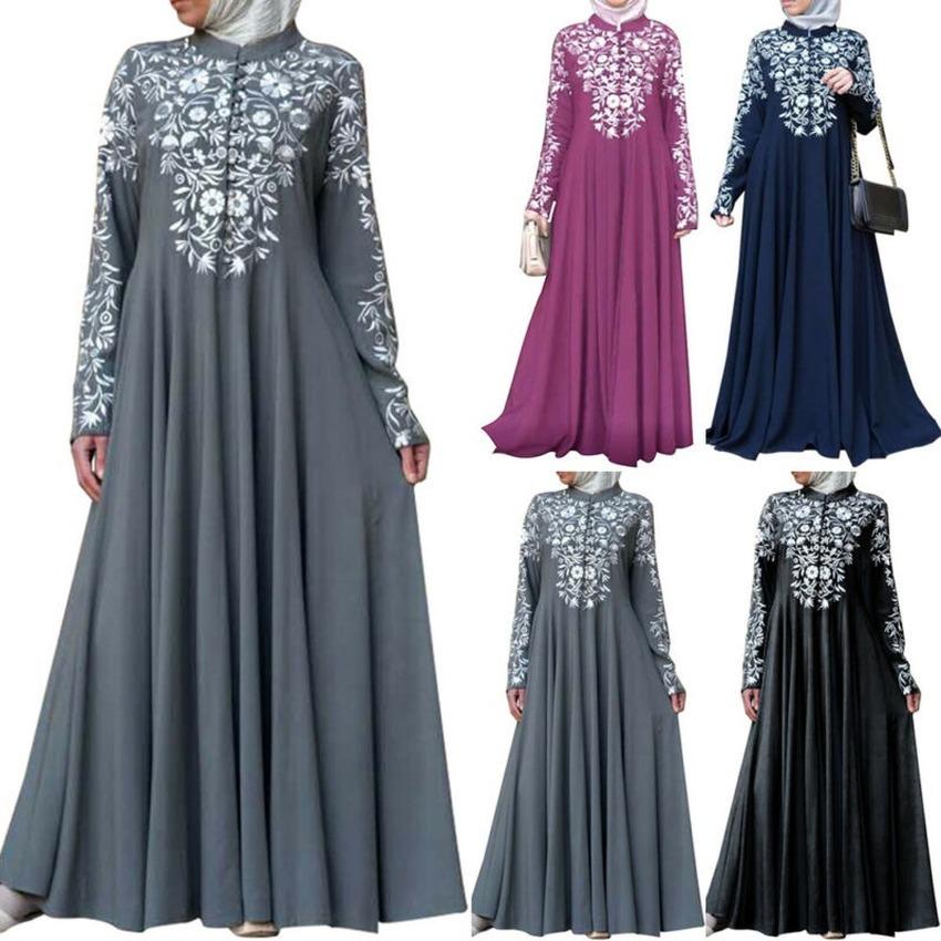 Мусульманское женское платье Абая с длинным рукавом и воротником-стойкой с цветочным принтом Кафтан Макси платья